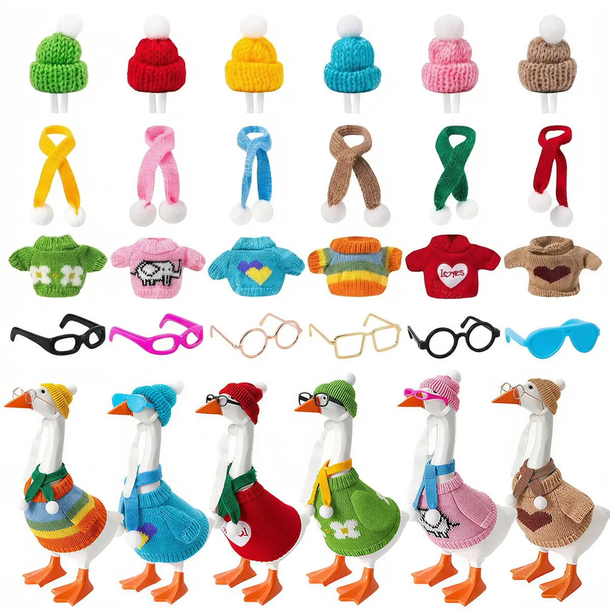 6 Sets 7 Inch Desk Goose Outfits Mini Goose Statue Knitted Sweater and Hat Costume Set Party Decor Accessories