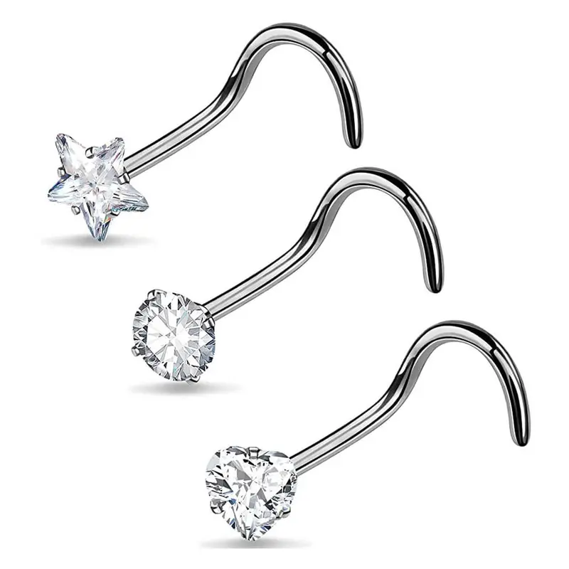 Oufer 20G 3PCS Titanium Spiral Nose Screw Studs - 0.8mm Shank, 6mm Reflects Light Cubic Zirconia, Hand-Checked Basic Fashion Female Nose Ring Jewelry for Fresh Piercings Daily Wear