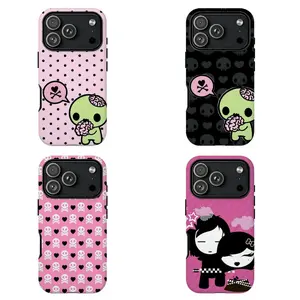 Y2k Kawaii Em0 Z0mb1e Phone Case Phone Case|Pink Black Polka Dot Skull Pattern Protective Cover For iPhone 11 12 13 14 15 16 17 Pro Max For Samsung S26 S25 S24 S23 S22-Gift Ideas For Her/Him