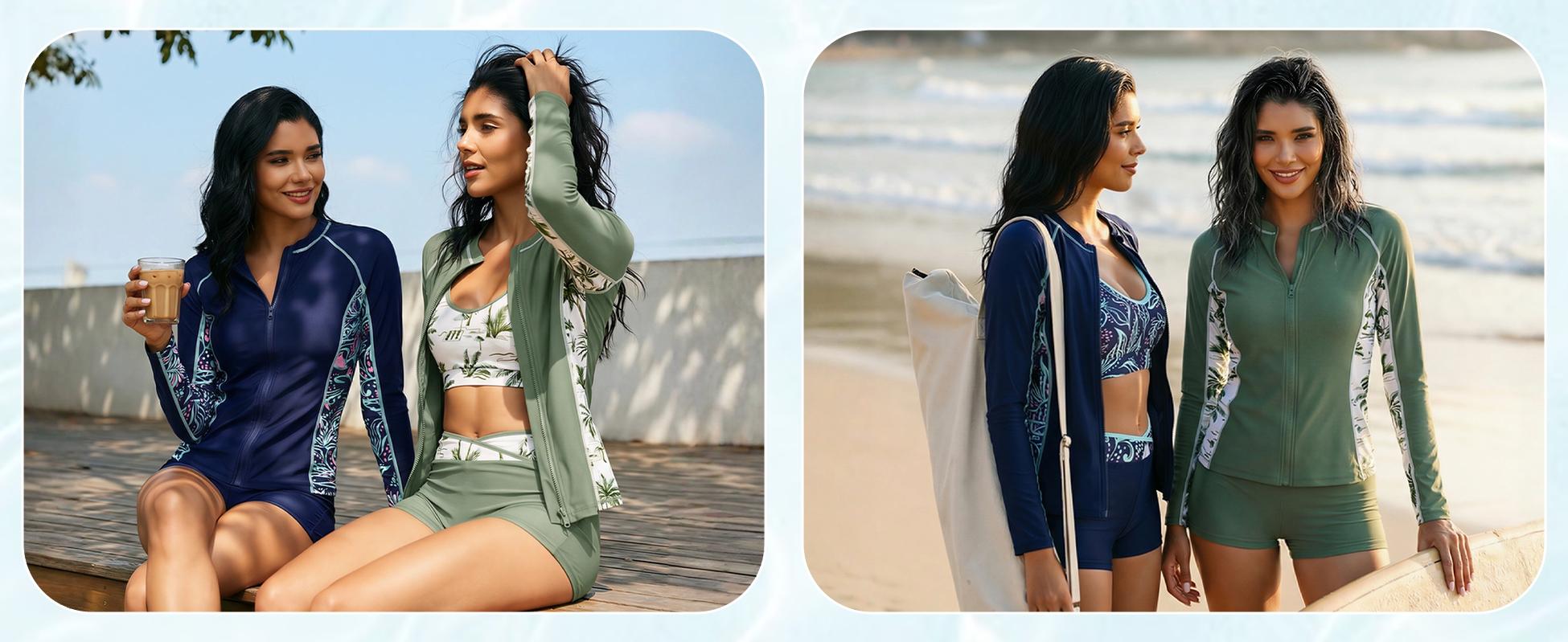 Daci Women Three Piece Rash Guard - Long Sleeve Zip Up Swim Shirt with Sports Bra and Shorts UPF 50+ Modest Swimuits