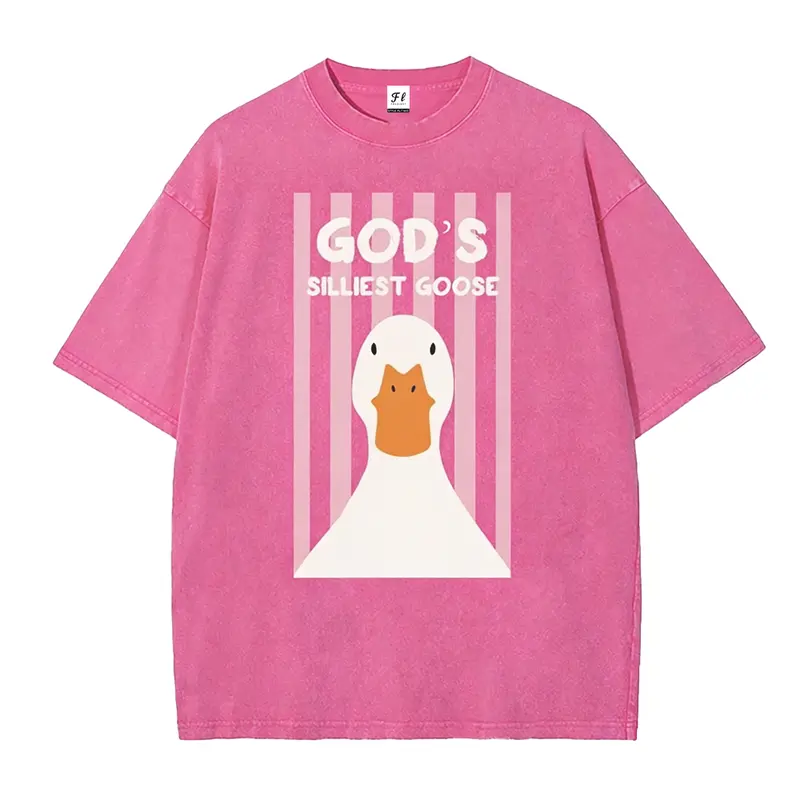 Women's Retro Washed Christian Clothing Shirt - Breathable Cotton Layer-Friendly Tee, God's Silliest Goose Duck Print, Lightweight Short Sleeve Round Neck, Plus Size Oversized Casual Top