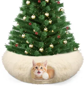 Christmas  Bed Tunnel 3ft x 3ft x 9.8in Under Christmas Tree  Donut Tunnels for Indoor Kittens White Xmas Winter Plush Peekaboo Cave  Collapsible 3 Way for Small Kitten