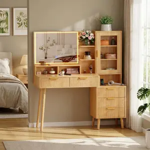 💄 24" HD Lighted Mirror Vanity Desk – 5 Drawers, Power Outlet & USB Ports, Fluted Storage Shelf – Modern Makeup Table for Women & Girls! ✨