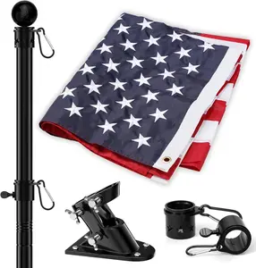 Flag and Flag Pole for House Outside, 5ft Heavy Duty Flag Poles Kit with 3x5 Embroidered  Flag, Tangle Free Steel Black Flag Pole with Bracket for Residential, Commercial, Outdoors Garden