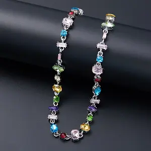Luxury Gendery Alloy Necklace with Multicolor Synthetic Gemsnes, Silver Plated, Y2K Bling Rainbow Zirconia Clavicle Chain, for Daily Wear &-Giving