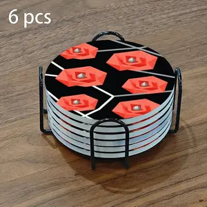 6-piece ceramic coaster set, featuring a black background with geometric rose artwork. These heat-resistant, non-slip coasters come with a stand and can be used as home table decorations or beverage mats.
