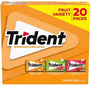 Trident Fruit Sugar Free Gum Variety Pack 14 pcs 20 pk Refreshingly Long Lasting with Tropical Twist Watermelon Twist & Island Berry Lime