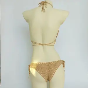 3pcs Bikini Set Woman Crochet Shell Tassel Bikini Top And Seashell Ankle Chain Sexy Thong Hollow-out Low Waist Bikini Bottom
