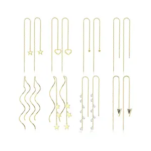 8 Pairs Golden Long Chain Threader Earrings Set Versatile Trendy Stainless Steel Dangle Earrings for Women Men Cute Star Tassel Pull Through Dangle Drop Lightweight Long Chain Earrings