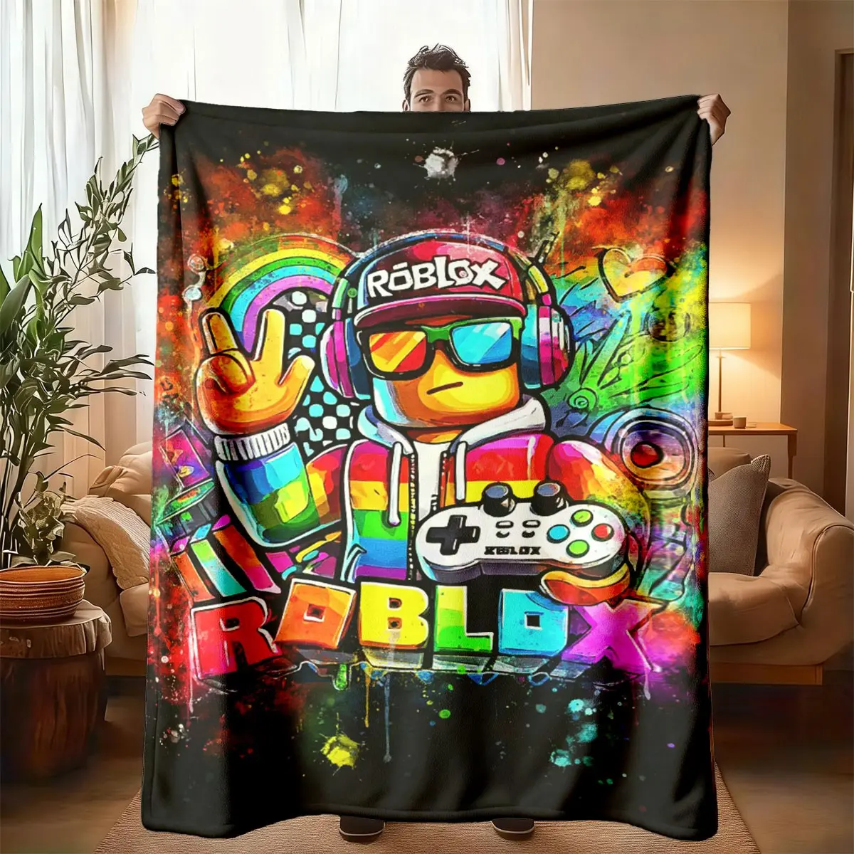 Roblox Graffiti Theme Flannel Blanket, Large Size, Soft Lightweight Warm, Perfect for Bed Sofa Office Camping Travel, Blankets for Sofa, Spring Gift, Throw Blanket, Super Soft Blanket, Funny Throw Blanket
