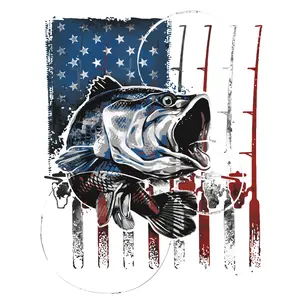 Fishing Pole American Flag And Bass Full Color Direct To Film Print, DTF Print, Ready To Press Print for T-Shirts
