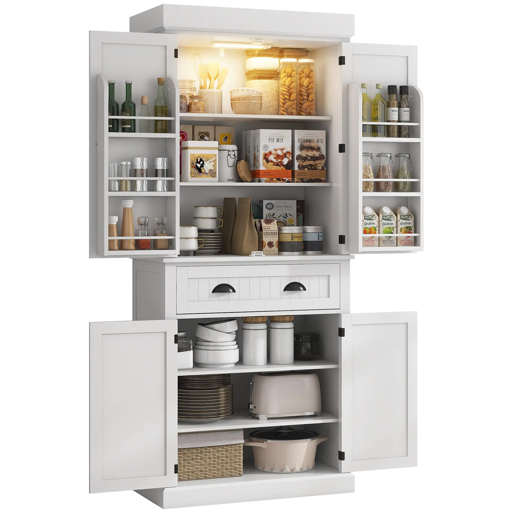 71-Inch Tall Kitchen Pantry Cabinet, Built-In LED Motion Sensor Light Compartment Cabinet, 6 Doors, 4 Adjustable Shelves & 1 Drawer for Pantry Storage, Built-In Light Cabinets, Compartment Cabinet Cabinets