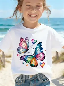 Children's summer comfortable "Butterfly" pattern, outdoor casual sports - girls' cartoon printed T-shirt, Butterfly Print Tee, Graphic Shirt