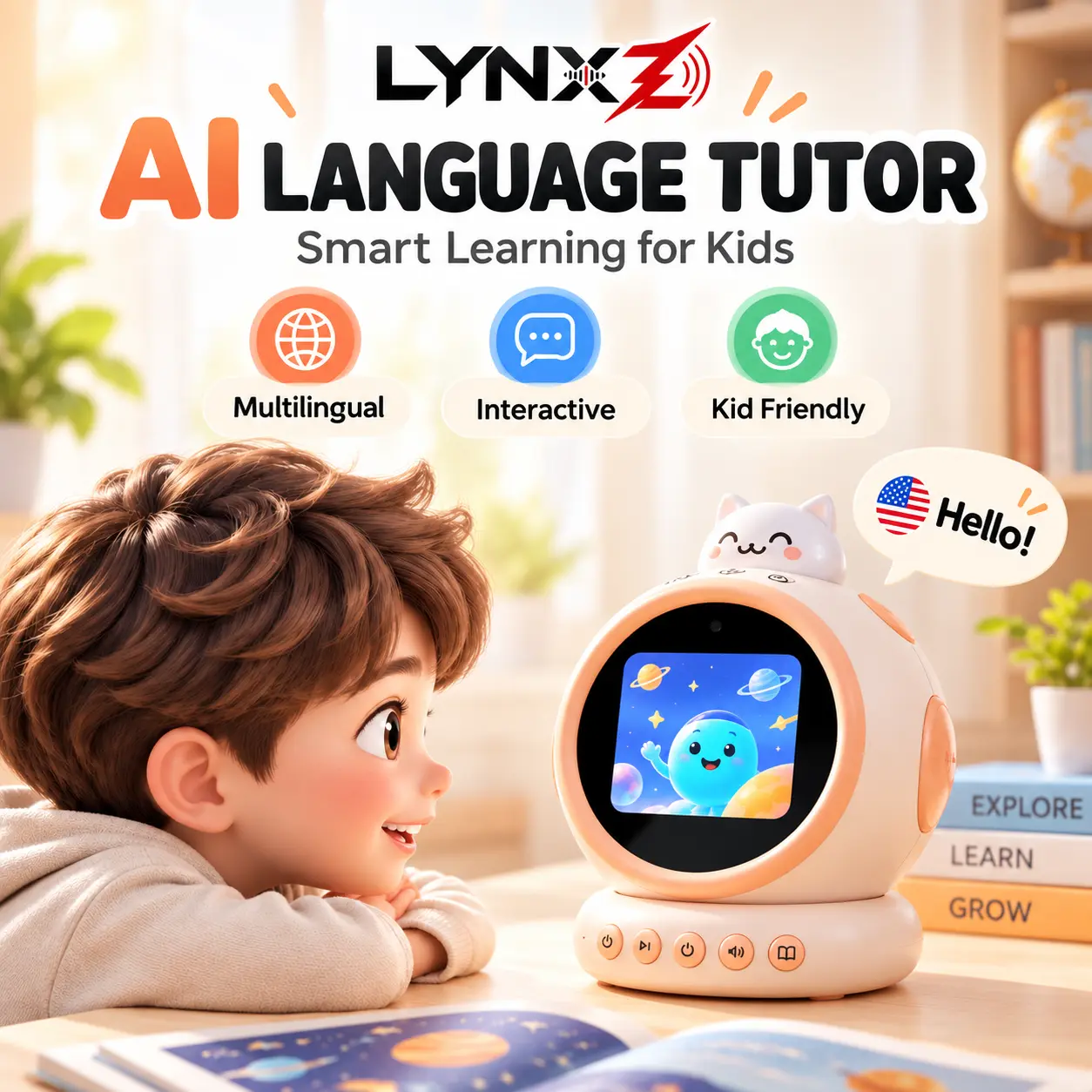 LYNXZ AI Smart Alarm Clock for Kids, AI Dialogue Learning Companion | Pomodoro Timer, Bedtime Stories, 2500mAh Rechargeable Colorful Night Light Decor