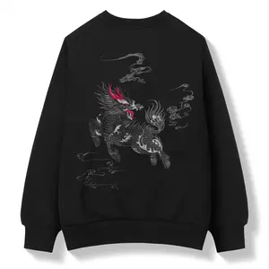 Sw9102 Niepce Black Japanese Streetwear Embroidered Kirin Sweater