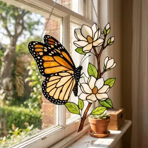 Monarch Butterfly Magnolia Acrylic Suncatcher, Acrylic Style Butterfly Window Hanging, Floral Nature Decor, Butterfly Lover Gift