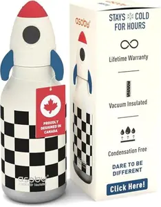 Bestie Bottle Insulated Stainless Steel Water Bottle with Detachable Soft Animal Head Fun Drinking For Kids and Teens with Flexible Reusable Straw 16 Ounce (Rocket Checker Bottle)