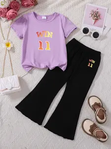 Summer Girls' 2-Piece Set, Win 11 Letter Number Print T-Shirt + Bell Bottoms, Casual Sporty, Daily Wear, School, Vacation