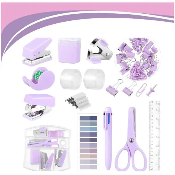 Mini Office Supplies Kit, Purple School Supplies Set with Mini Stapler, Tape Dispenser, Sticky Notes, Scissors, Paper Clips, Hole Punch, Back to School Supplies for Students