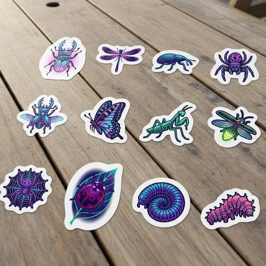 12 Pack Vinyl Sticker Set, Bioluminescent Forest Insects, Neon Glow Dragonfly Beetle Spider Caterpillar Ladybug, Synthwave Aesthetic Decals