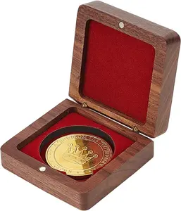 Single Wood Challenge Coin Presentation Display Gift Box Dark Red Velvet Inside 40mm Coins Magnetic Clasp Medal Case Commemorative Coin Holder Storage Box Collector