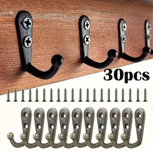 30pcs Vintage Alloy Hooks, Single Row Hook with Screws, Mini Wall Hooks for Home Kitchen Clothing Hanging, Modern Style