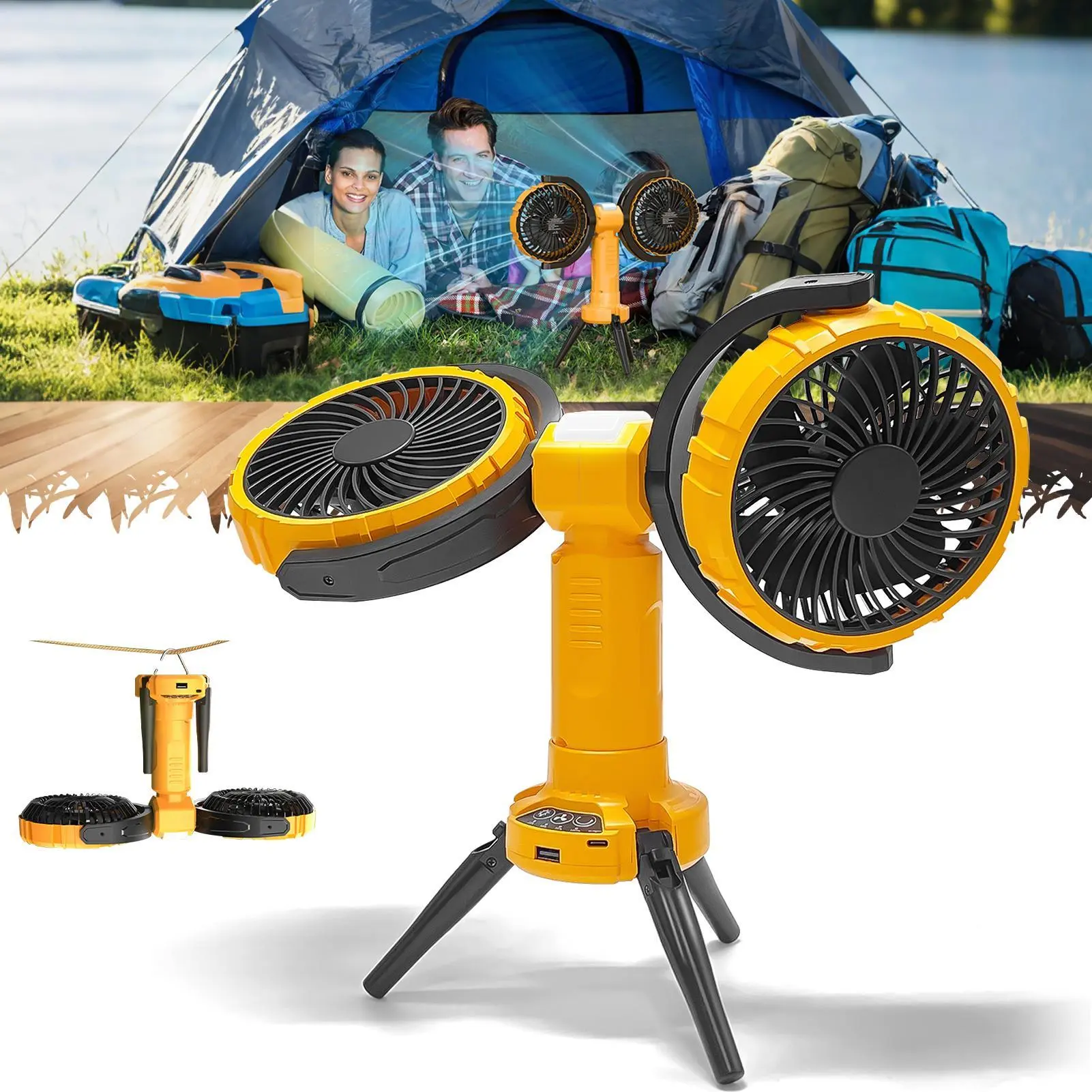 ISUNMEA Outdoor Camping Oscillating fan, Cordless Rechargeable Battery Tripod Tent Fan with LED Lantern Hook 4 Powerful Speeds 270° Dual Head Oscillation for Patios Garage RV Travel Home Blackout