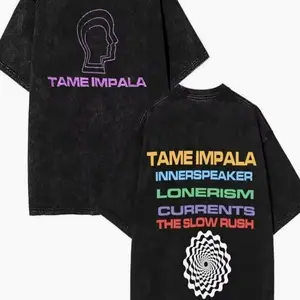 Tame Impala Print T-Shirt - 230G Heavy-Washed Cotton Vintage Music Tee with, Loose Fit Short-Sleeve for All-Season Casual Wear (Machine Washable) - Indie Streetwear Top Retro Double-Sided Water Wash T-Shirt TBR 54A