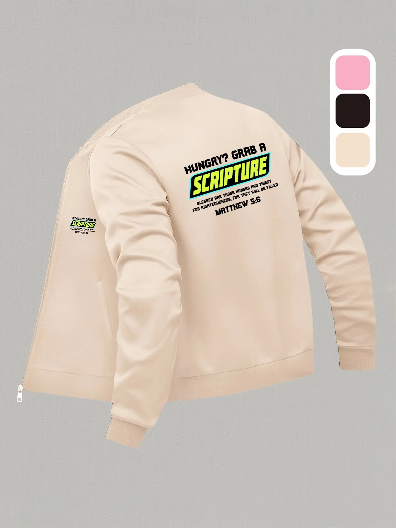 Christian Bible Matthew 5:6 Letter Print Zip-Up Jacket - Fashionable & Chic Long-Line Top, Casual Long-Sleeve Outerwear, Essential Autumn Clothing