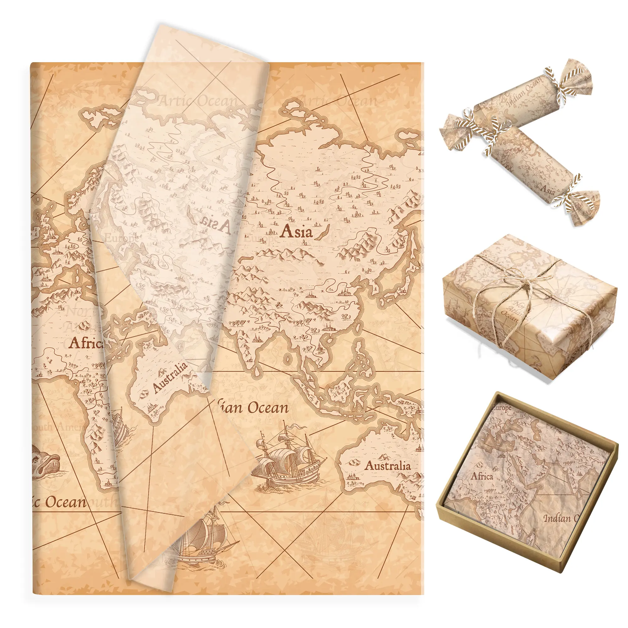 Vintage World Map Tissue Paper (50 Sheets, 50×35 cm) - Lightweight, Disposable, Moisture-Resistant Decorative Cotton Paper with Retro Nautical Print, Ideal for Gift Boxes, Bouquets, Handmade DIY Party Decorations Cleaning Napkin