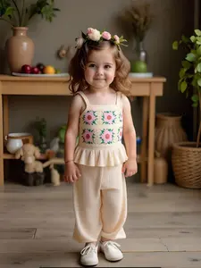 Baby Girl Casual Daily Fashion Halter Top Floral Embroidery Elegant Soft Pure Color Long Pants Set Summer Cute Sunlight Clothing