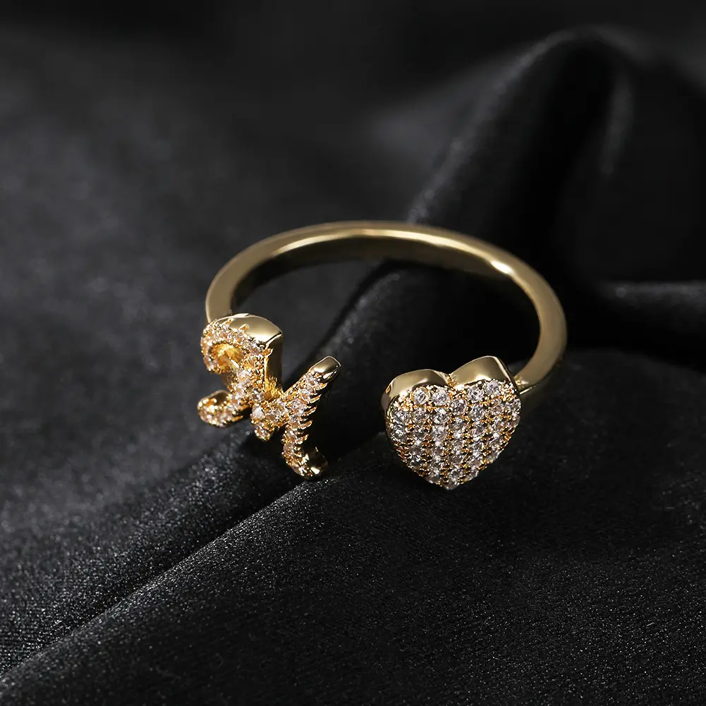 Bogadion Initial Ring for Women, 14k Gold Plate Heart&Letter Rings Open Adjustable Trendy Rings Jewelry Gifts Size 6-10 cuban link chain