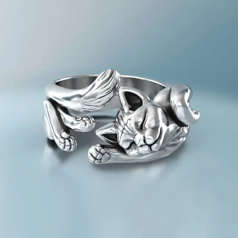 Women's Dainty Lazy Kitten Open Band Ring, Adjustable Fashion Costume Jewelry for Daily & Dating Wear