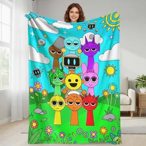 Colorful Cartoon Characters Flannel Blanket with Robot and Nature Print Soft Cozy Lightweight for Bedroom Sofa Office Travel Gift
