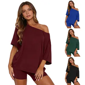 Tanming Women's Casual Two-Piece Loungewear Set, Flattering Off Shoulder Top & Fitted Shorts, Soft Stretchy Spring Outfit for Lounging & Travel
