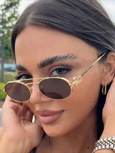 Vintage Oval Small Frame Sunglasses Women Fashion Brand Double Bridge Metal Glasses Ladies Retro Eyewear Shade