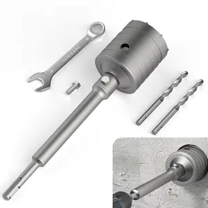 Concrete hole saw kit, including 65/115/150mm drill bits and a 220mm SDS Plus connecting rod, high-strength steel triple-blade cutter, suitable for drilling holes (65mm) in concrete, brick, and stone walls.