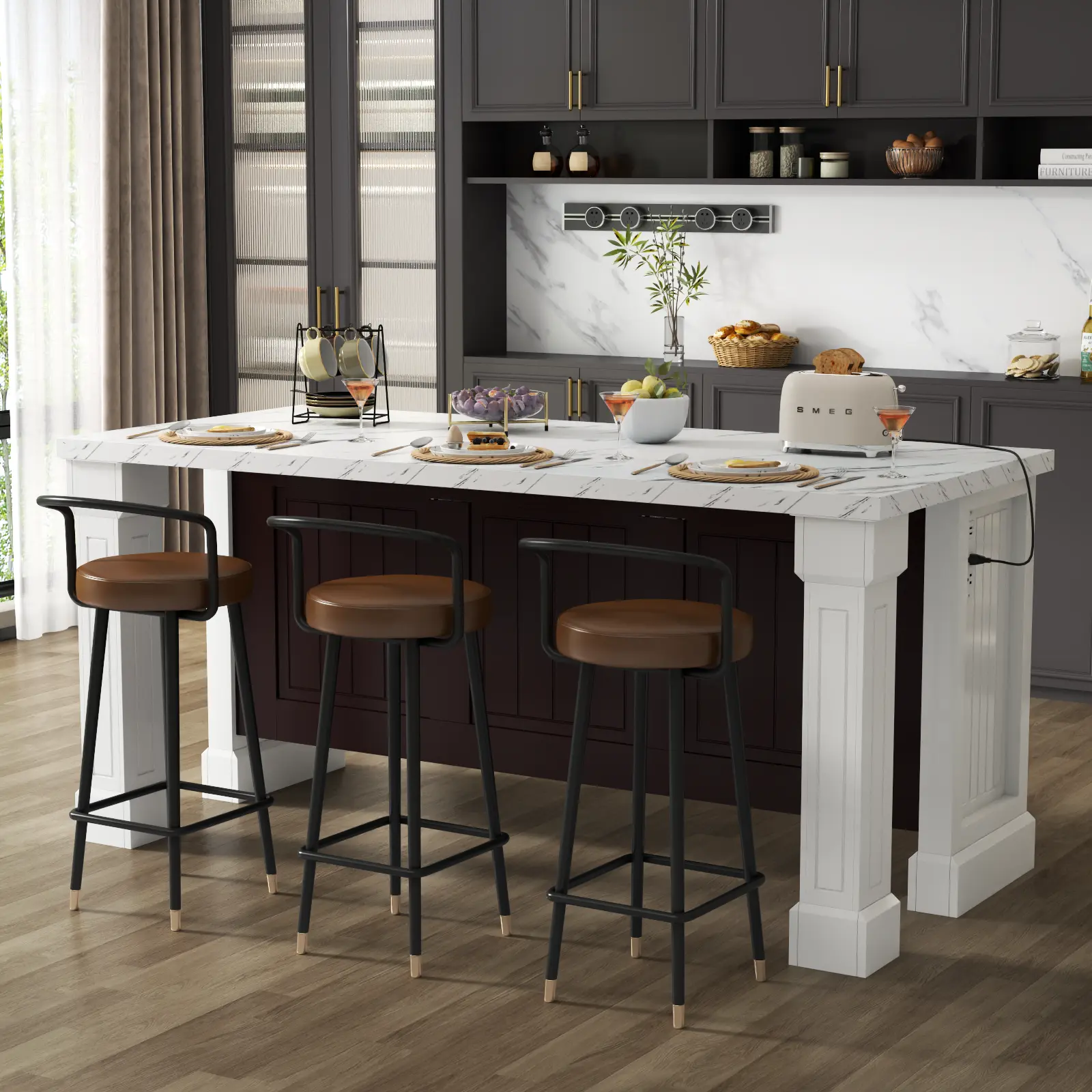 Gyfimoie 71" Large Imitation Marble Dining Table with Roman Column,Island Table with Charging Station,Mordern Kitchen Island,Home Bar Unit