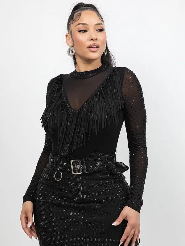 Cristina Solid-neon Sheer Mesh Tassel Fringe Top