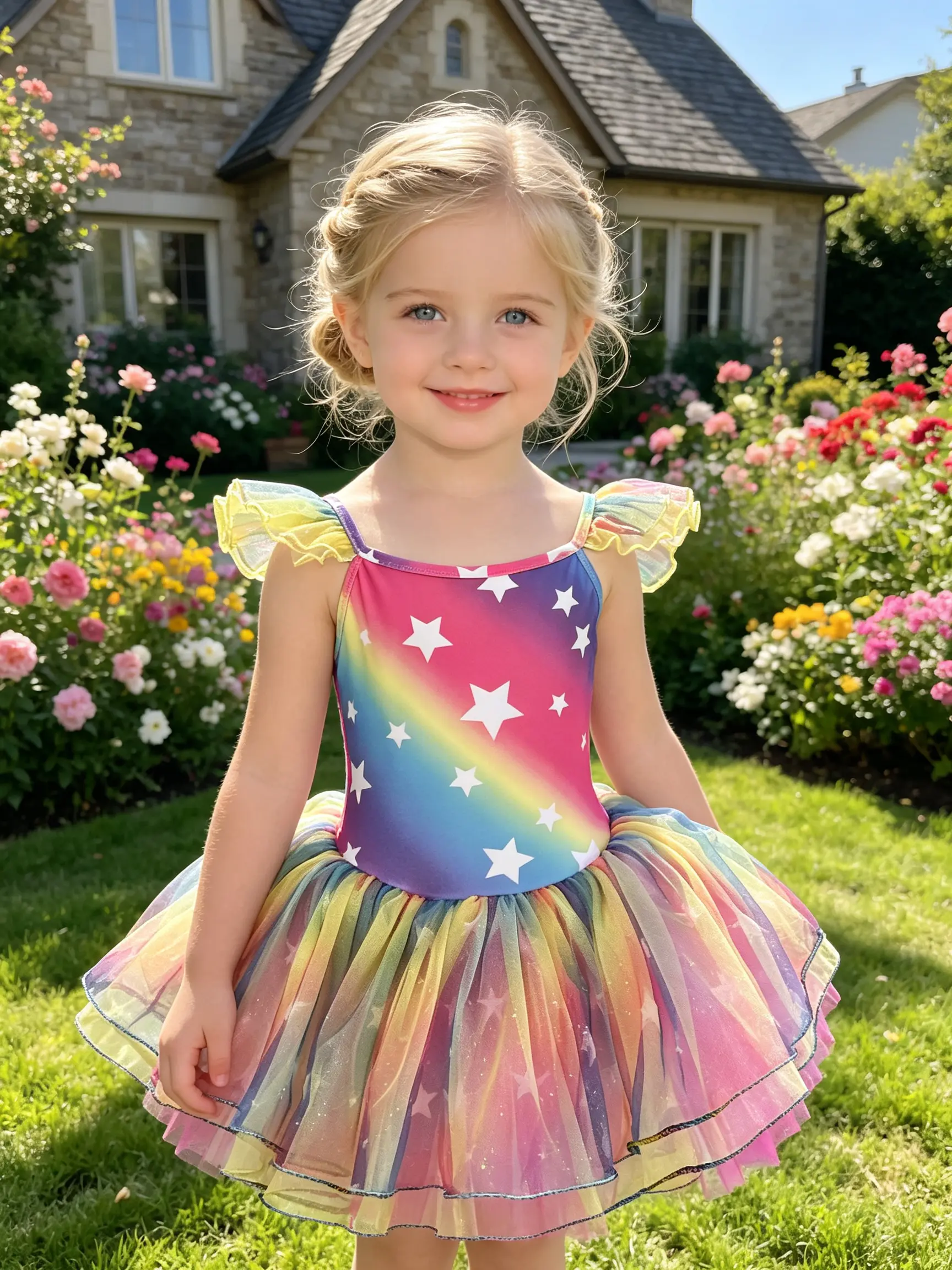 Little Girls Ruffle Flutter Strap Rainbow Star Ballet Tutu Dress Leotard Gradient Glitter Rainbow Tulle Skirt Kids Gymnastics Recital Fairy Dance Costume Toddler Training Outfit
