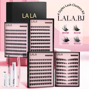 【Glue Needed】4 Styles LALA DIY Lash Extension Kit, Waterproof, Long-Lasting, Thin Band Cluster Lashes,  Thin Band Cluster Lashes Thick Eyelash Extension Bond Seal Remover Tweezer Makeup Cosmetic