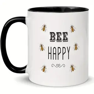11oz/15oz Bee Happy Ceramic Accent Mug, Inspirational Coffee Cup With Bee Motif, Ideal Gift Summer Winter Drinkware, Birthday, Holiday, Thanksgiving