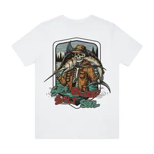 Fishing Graphic T-Shirt – Sea Blood Salt Soul Skeleton Fisherman with Big Fish Outdoor Adventure Lifestyle Apparel for Anglers and Streetwear Enthusiasts
