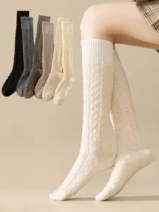 Women's Vintage Coffee Knit Fisherman Socks, Slimming Knee High Stockings for Fall & Winter, Warm Long Tube Socks for Dresses Womenswear, Cozy Socks
