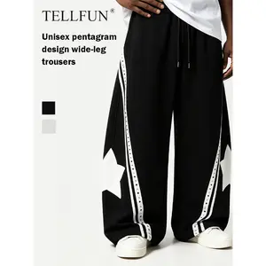 TELLFUN Men's Baggy Sweatpants, Y2K High-Waist Panel Barrel Style, Oversized Wide-Leg Fit, Star Patch & Studded Stripe Detail, Unisex Streetwear Outfits Tracksuit Bottoms