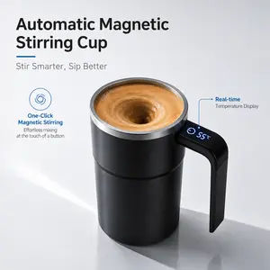 Automatic Magnetic Stirring Coffee Mug with Temperature Display, Rechargeable Stirring Mugs, Multifunctional Spin Mug Birthday Gift for Home Office Kitchen Travel Birthday Gift (Black)