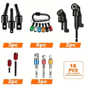 16 PCS Impact Grade Socket Adapter Set with 105° Right Angle Drill Attachment, Self Locking Extension Bar, Quick Release Bit Holder, 1/4" 3/8" 1/2" Drive Drill Adapter Kit for Power Drills,Fathersday Gift
