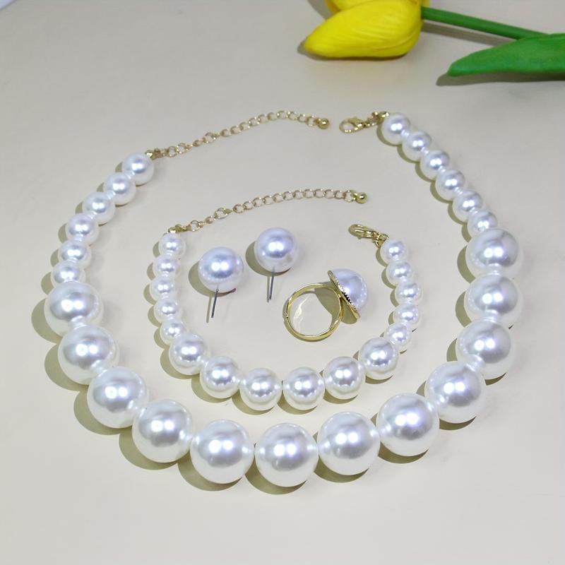 5PCS Elegant Women Faux Pearl Jewelry Set Vintage Necklace, Bracelet, Earrings, and Ring Handmade Adjustable Faux Pearl Pendant Necklace Exquisite Bracelet Engagement Anniversary Jewelry Gift
