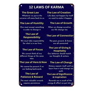 1pc Vintage for KARMA Laws Metal Tin Sign Wall Art - 30.48x20.32 cm Inspirational Spiritual Plaque with 12 Spiritual Laws of for KARMA, Dark Blue & Golden Retro Iron Decor for Home, Bar, Cafe, Garage, Bar Wall Art | Vintage Wall Sign | Textured Finish