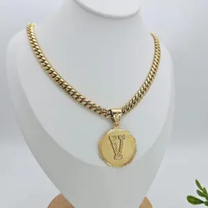 Gold Initial Necklace for Men, 30mm Circle Initial Pendant Necklace, 14k Heavy Plated Gold, 7mm Curb Style Chain, Lifetime Replacement Guarantee
